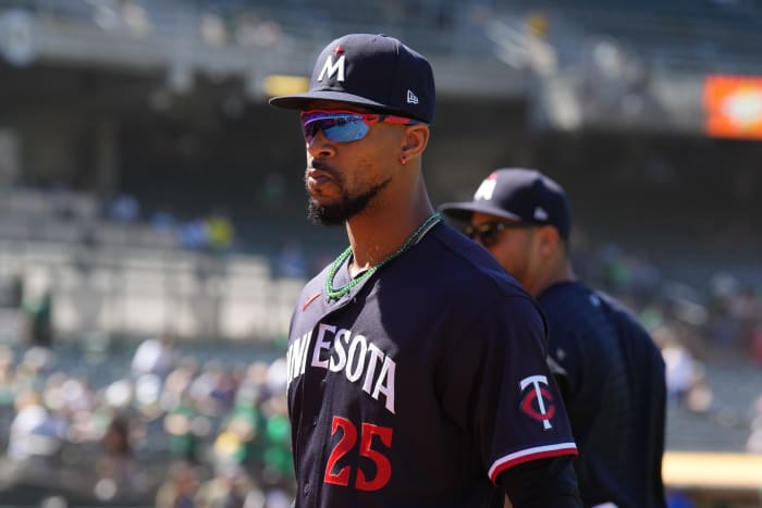 Jul 15, 2023; Oakland, California, USA; Minnesota Twins designated hitter Byron Buxton (25) before the game against the Oakland Athletics at Oakland-Alameda County Coliseum.